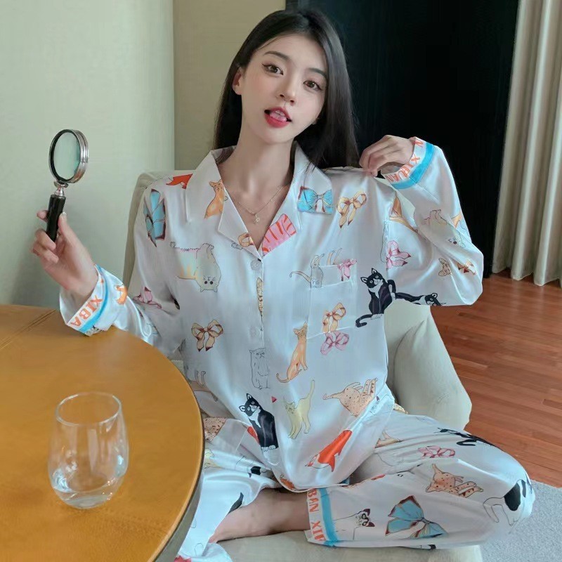 #1603 Piyama Sutra Wanita Lengan Panjang/Set Piyama Motif Kartun Lucu/Baju rumah ala korea yang mani