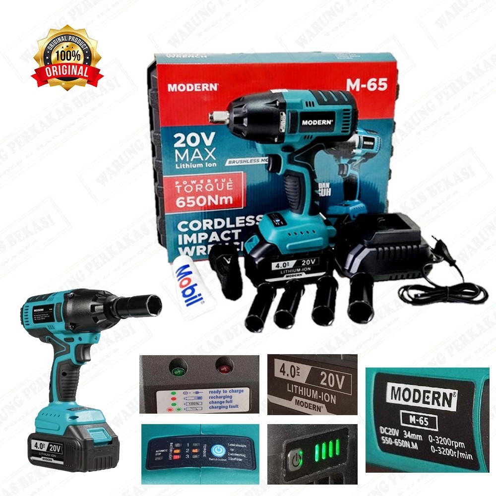 BRUSHLESS MOTOR MODERN M-65 DC20V Cordless Mesin Impact Wrench 1/2" Alat Lepas Baut Impek Baterai Fu