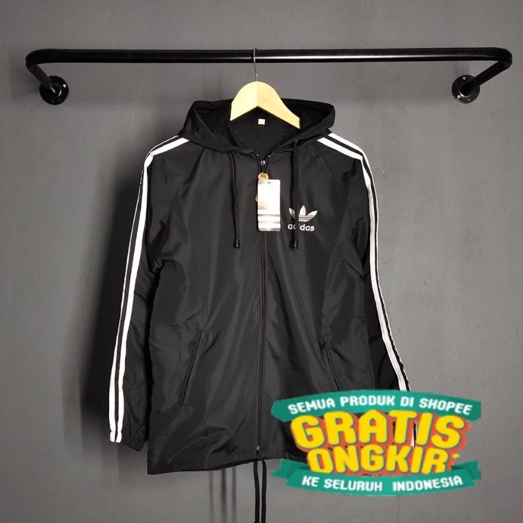 Jaket Pria Parasut Adidas Windbteaker Hitam List Putih XL XXL - Jaket Parsut Jumbo - Jaket Olahraga 