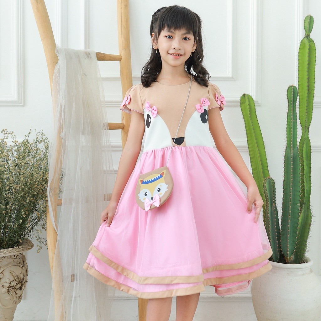 Two Mix Baby - Dress Anak Perempuan Bahan Kaos Scuba Gratis Tas Lucu Musang Usia 1-12 tahun 4130