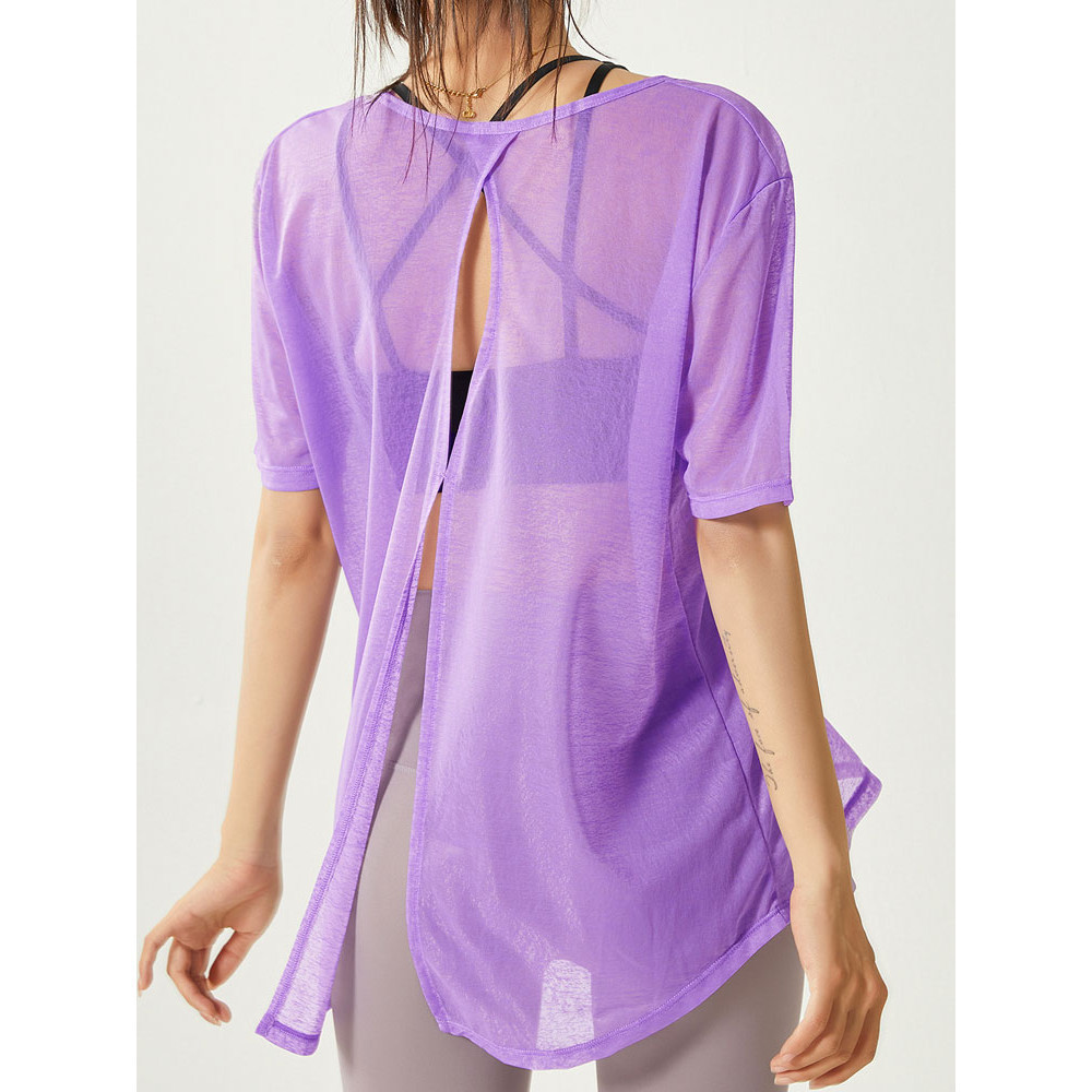 Pakaian Olah Raga Wanita Sporty Transparan Tembus Keringat Thin Loose Backless Slit Yoga Shirts Net 