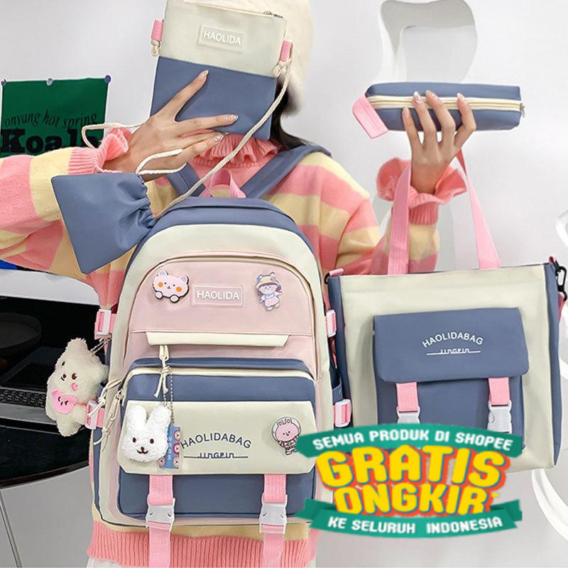 tas ransel wanita 5in1 korea style tas sekolah wanita import tas ransel anak/ kado hadiah