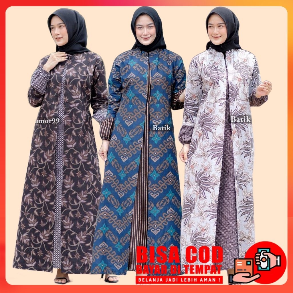 Jerry Store Baju Gamis Batik Wanita Terbaru Modern Kombinasi Polos Jumbo Lebaran Pekalongan/MODEL BA