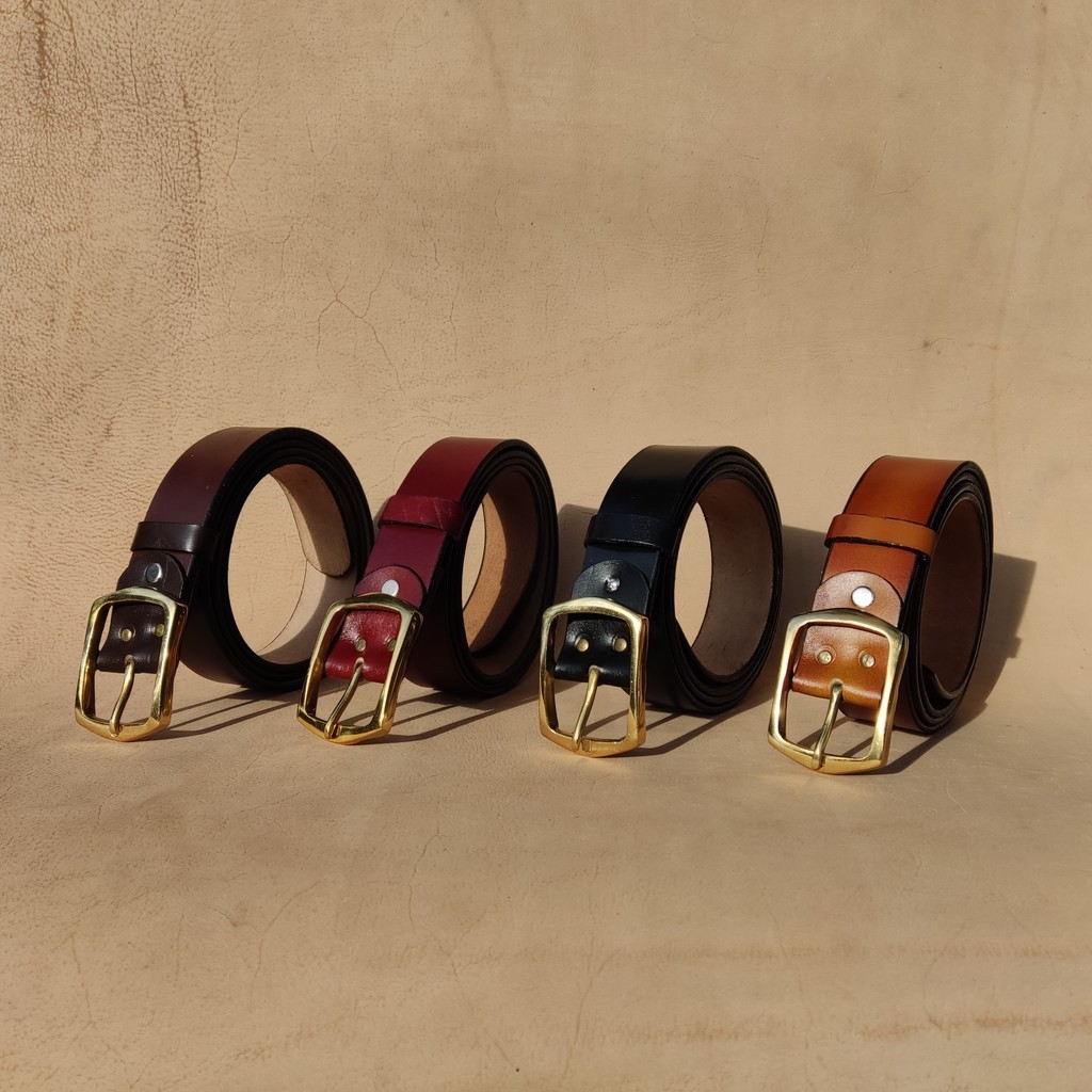 Sabuk Kulit Pria Ikat Pinggang Pria Kulit Asli Selapis Engkel Gesper Pala Kuningan