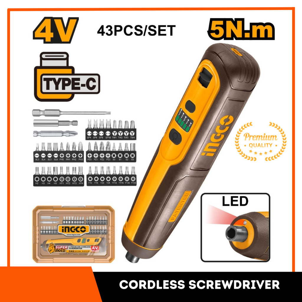 INGCO CSDLI0403 Cordless Screwdriver 4V Mesin Bor Obeng Sekrup Baterai Cas Mini Elektrik Charge Elec