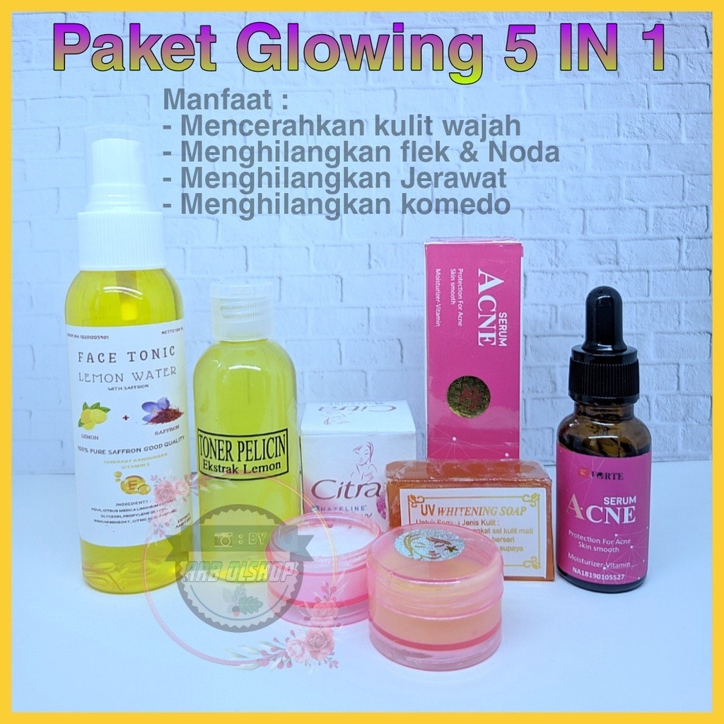 Raka Kosmetik - Paket Glowing 5 IN 1 / Paket Pencerah Wajah + Serum Anti Acne (Untuk Jerawat) + Face