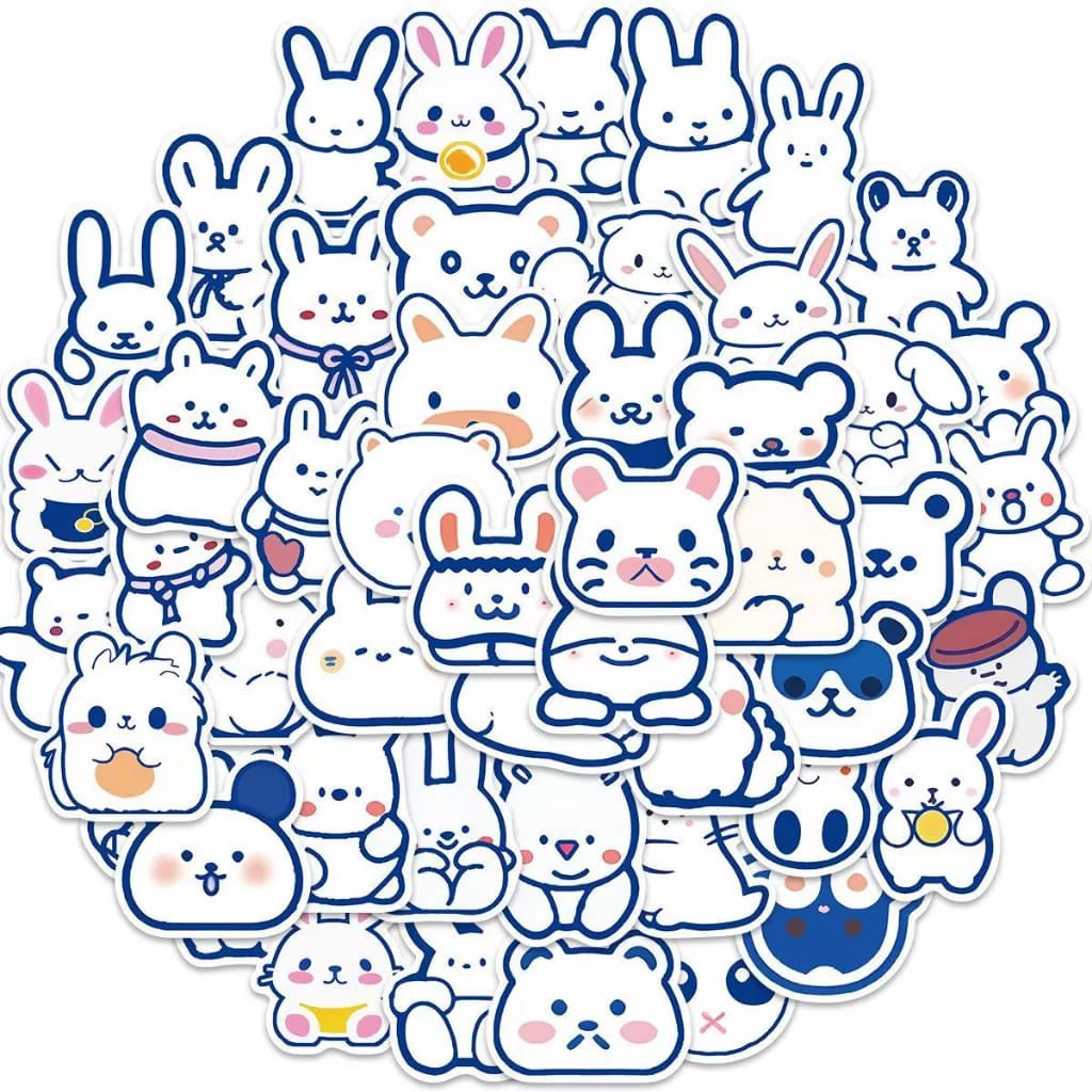 

[ , ] 3pcs Stiker Kartun Lucu Motif Hewan Beruang, Kelinci Garis Biru untuk Laptop dan Handphone