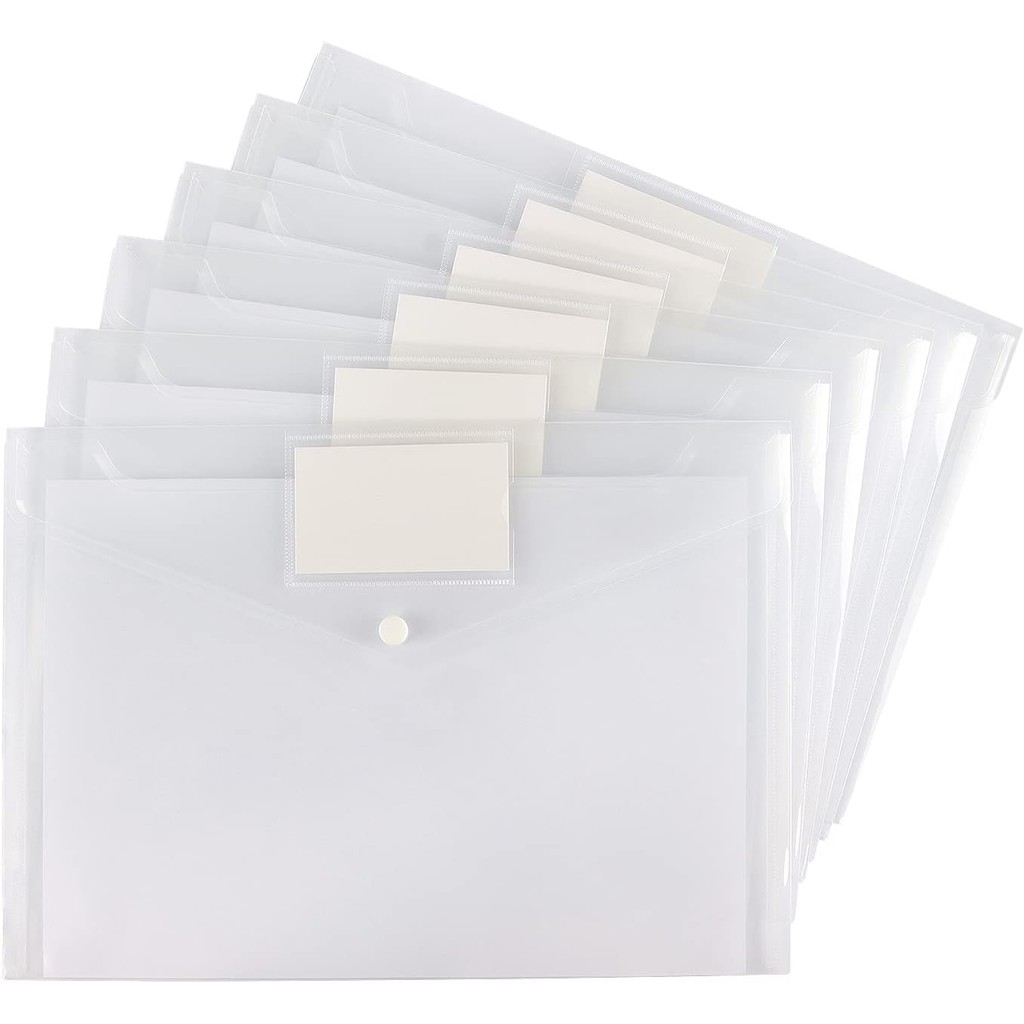 

6 Pack Clear Document Folders Plastic Envelopes Poly Envelopes File Envelopes with Label Pocket and Snap Button for Home Work