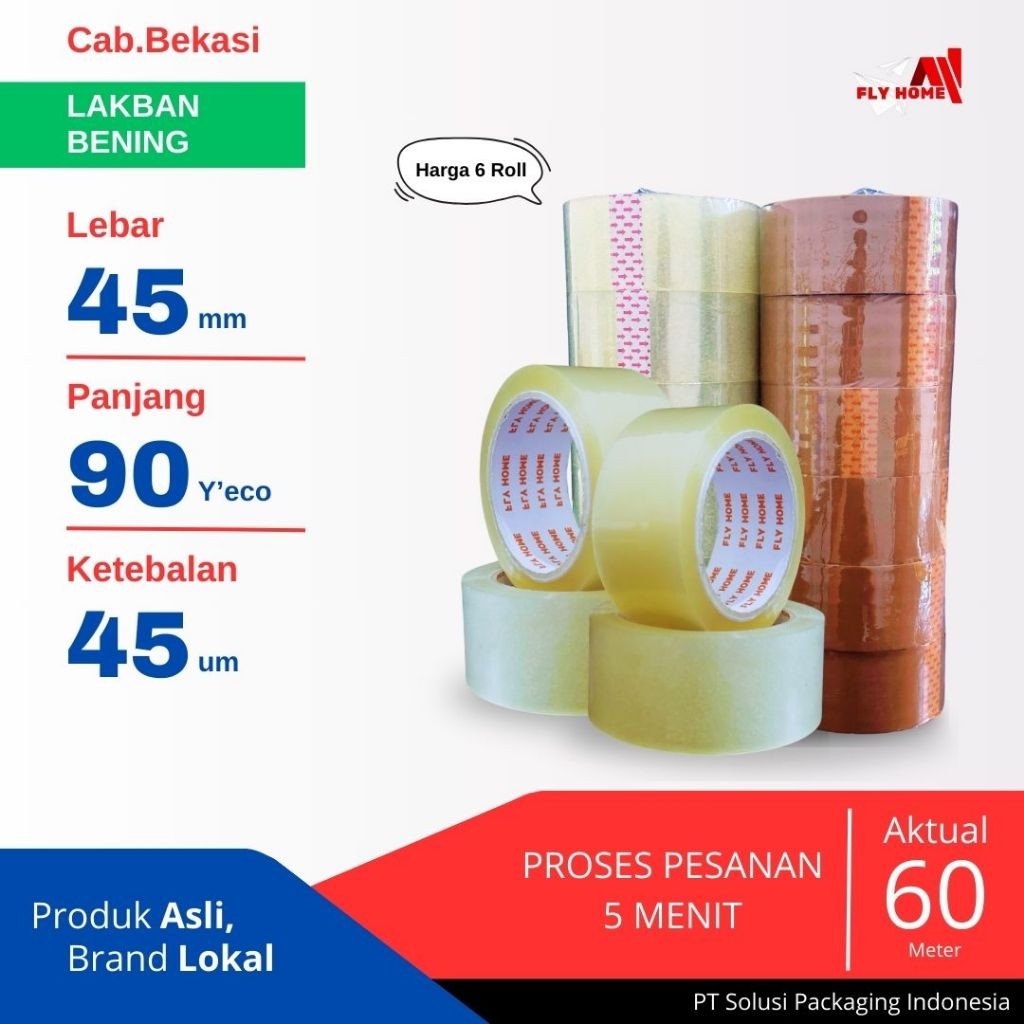 

FLYHOME 6Roll Lakban Bening 45x90Y 2inchi Solasi Uk Besar ECO 90 yard