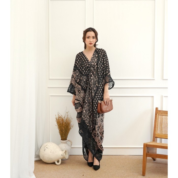 Dress kaftan batik viscose wanita kondangan pesta lebaran jumbo - Latte