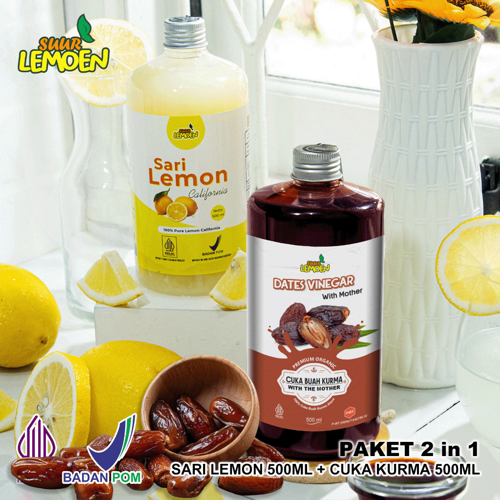 

SUUR LEMOEN Paket Cuka Kurma 500 ml dan Sari Lemon 500 ml