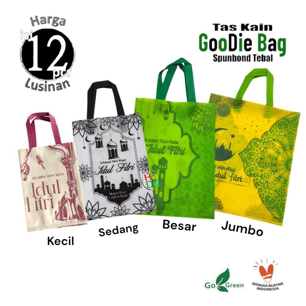 

Spesial || 1 Lusinan isi 12 pcs Tas Kain Spunbond Goodie Bag Tulisan Custom Sablon Lebaran Idul Fitri 2025 Termurah Kantong Belanja sembako Goodybag Bingkisan Souvenir snack, hampers paper bag Hantaran Kue kering Ukuran Kecil Besar Jumbo 25x35 30x40 38x45