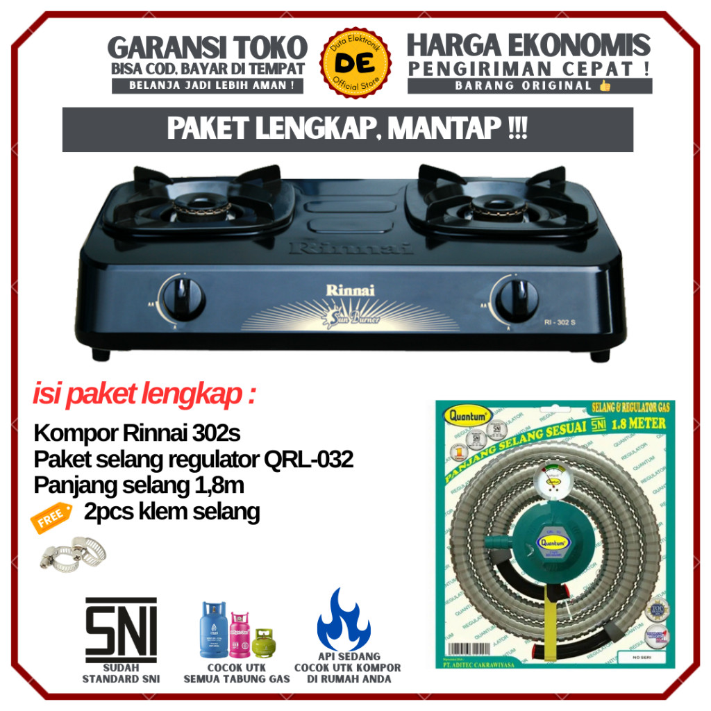 Paket Kompor Gas Rinnai 302s bonus selang regulator Quantum / Paket Lengkap