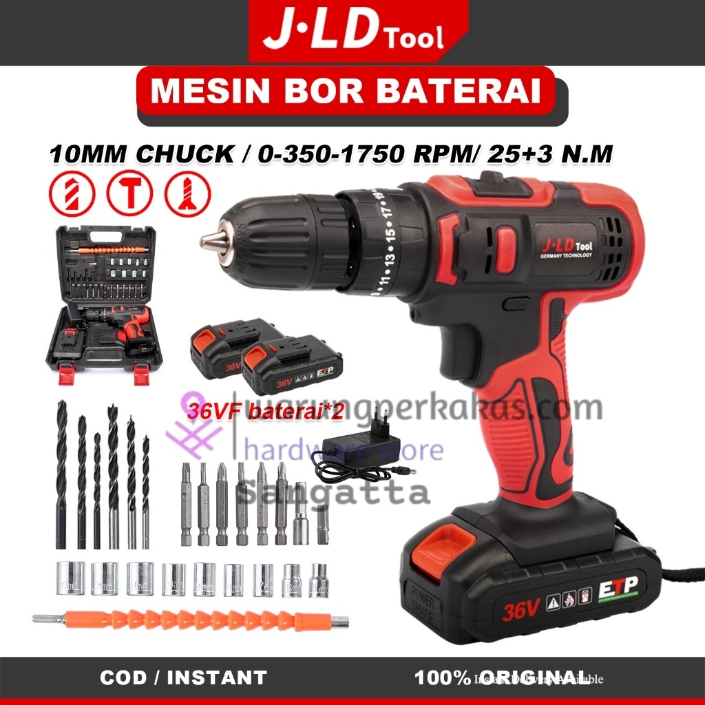 Bor Baterai 36Vf Set - Cordless Drill 36Vf Set 2 Baterai Chuk 13mm - JLD