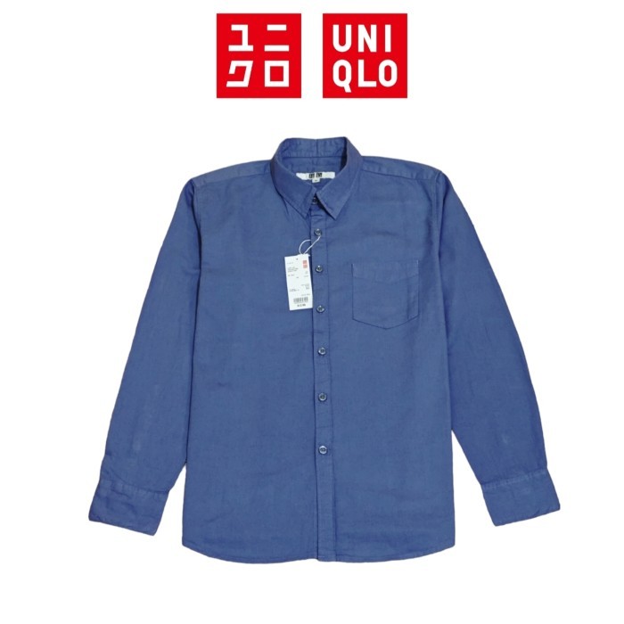 UNIQLO Kemeja Putih Panjang Pria Casual Slimfit - Blue Denim, M 1203