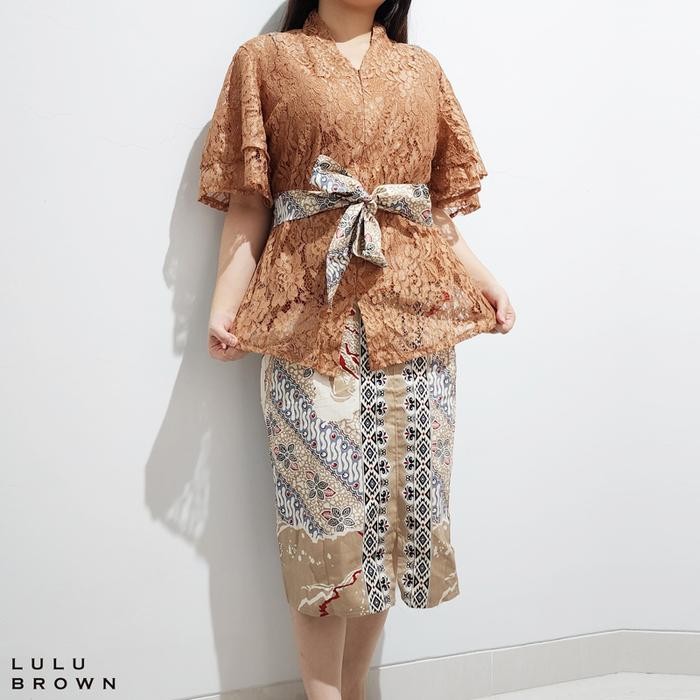 Evercloth Lulu Dress Batik Wanita Brukat Kebaya Batik Couple Set Gaun Batik - CREAM