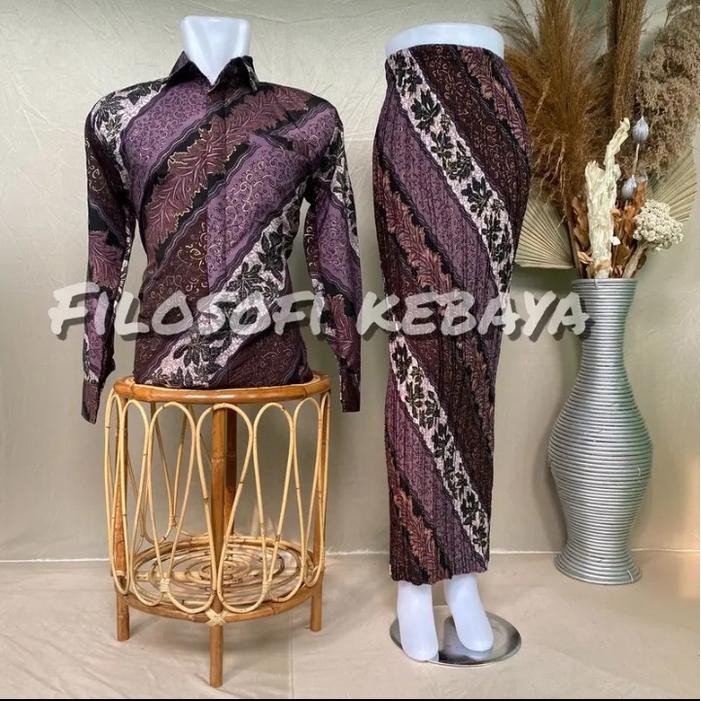COD Rok Plisket Couple Kemeja Batik Lengan Panjang Rok Plisket Motif Batik Pasangan - cm lilac 17, M