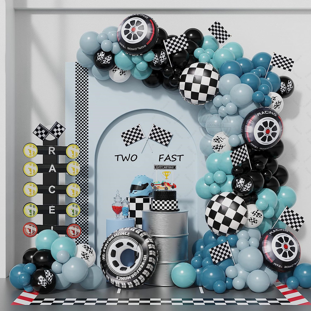 

143Pcs Race Car Theme Balloon Garland Arch Kit Blue Black Latex Balloons Checkered Flag Boy's Birthday Party Baby Shower Decor