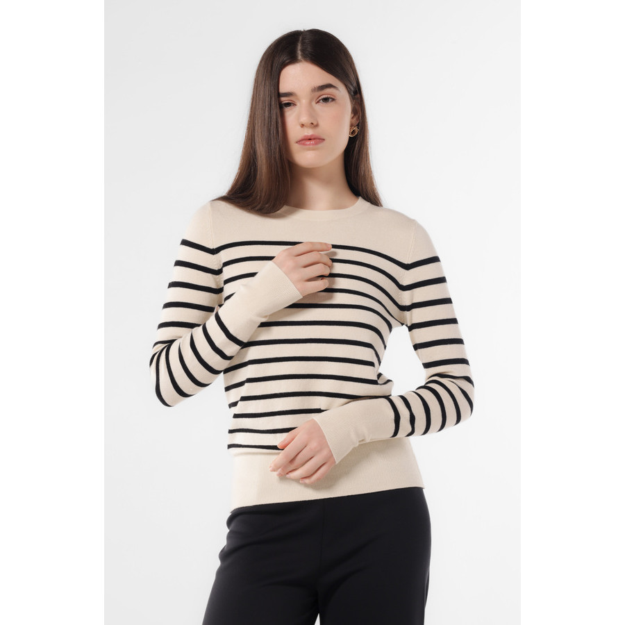 MINIMAL - Lamiere - Sweater Slim Fit Wanita Motif Garis - White