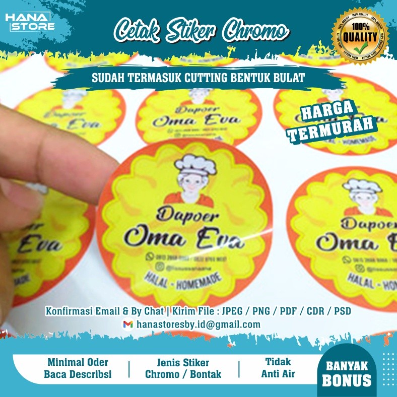 

CETAK STIKER CUSTOM CHROMO LAMINASI TAHAN AIR / CHROMO BULAT LABEL BULAT STIKER LABEL NAMA LABEL MAKANAN TOPLES KEMASAN BOTOL MINUMAN