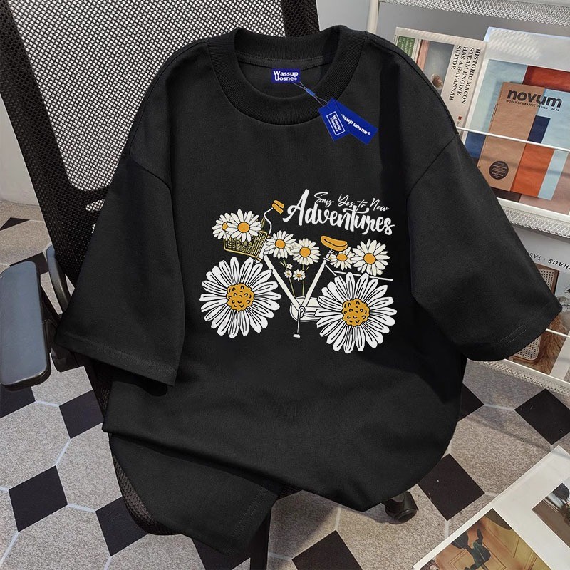 2025 Oversize  kaos Daisy sepeda pencetakan Gaya Korea baju atasan wanita terbaru kaos pria oversize