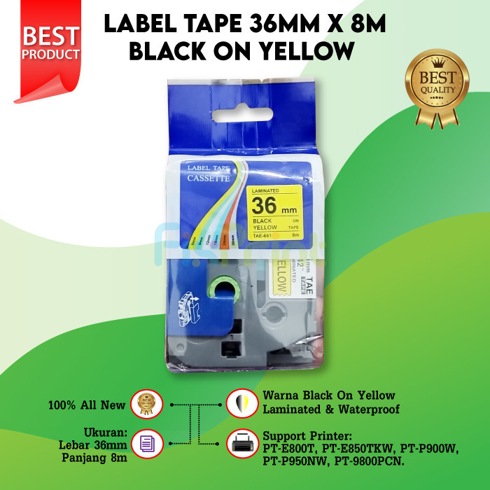 

Compatible Label Tape Laminated TZE-661 36mm X 8m Black On Yellow Cassette Printer Bro PT-E800T PT-E850TKW PT-P900W PT-P950NW PT-9800PCN