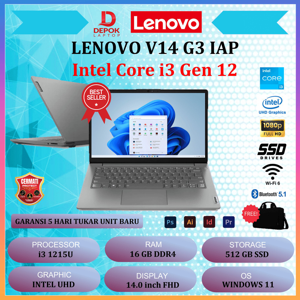 LAPTOP LENOVO V14 G3 IAP CORE i3 1215U 6 CORE 16GB 512GB SSD WINDOWS 11 PRE NEW GARANSI RESMI