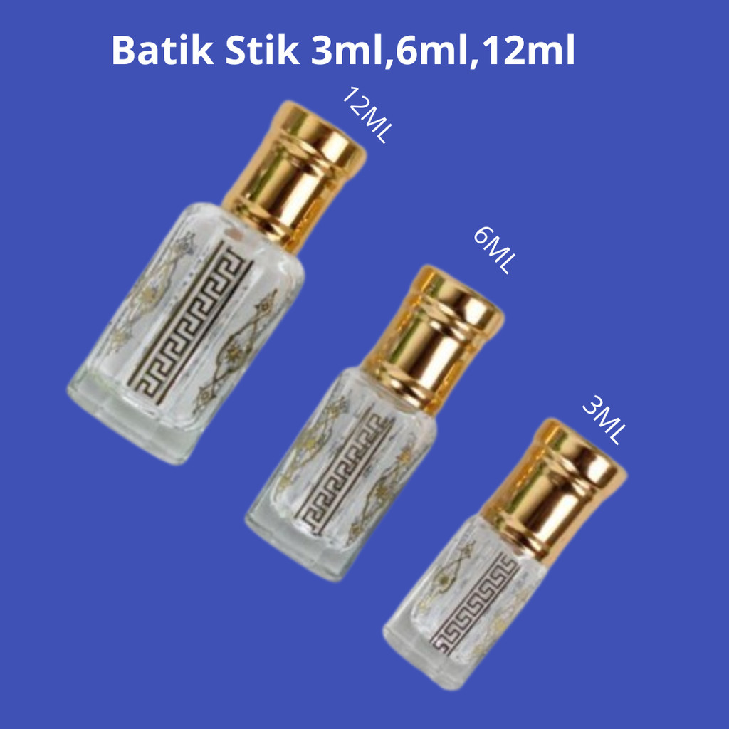 Botol Berbagai Ukuran - Botol TOLA BATIK 3 - 6 - 12 ML Stik - Botol Parfume kosong Tola batik emas -