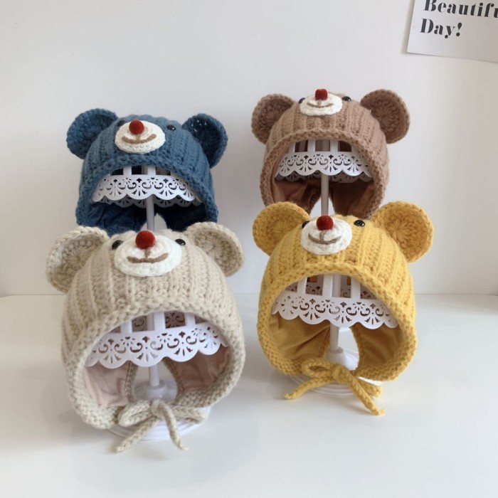 promo ✨ -Topi Bayi Laki Laki Kupluk Rajut Lembut Lucu Baby Hat Topi Newborn - Cat PomPomMerah