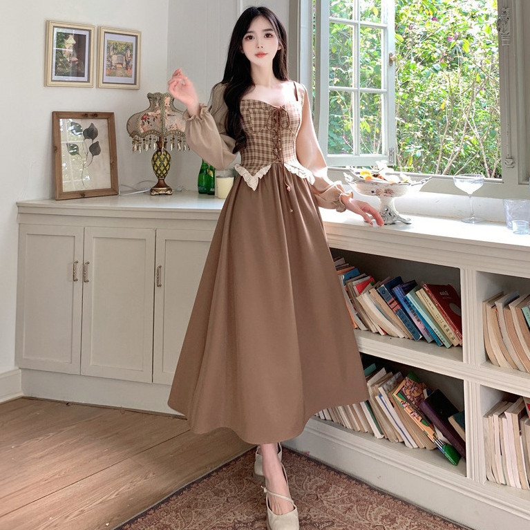 Bisa COD - Perancis Style Gaun Kotak Coklat Vintage Lengan Panjang Dress Retro