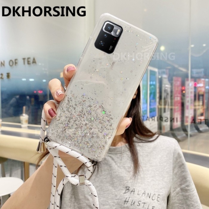 New[Promo] CASE XIAOMI REDMI 10 TALI LANYARD MOTIF GLITER SOFT CASE CASING HP - Putih