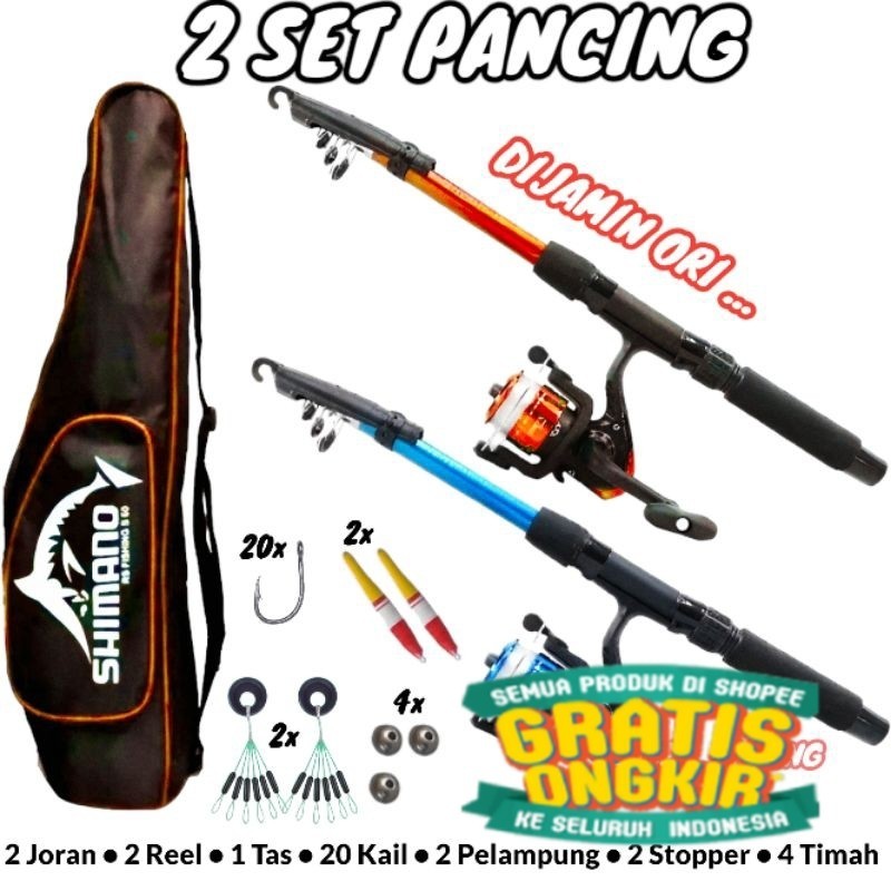 2 Set Joran 150cm dan Reel Pancing Biru Merah Plus Tas Bonus Kail Stopper Pelampung Timah/ hitam put