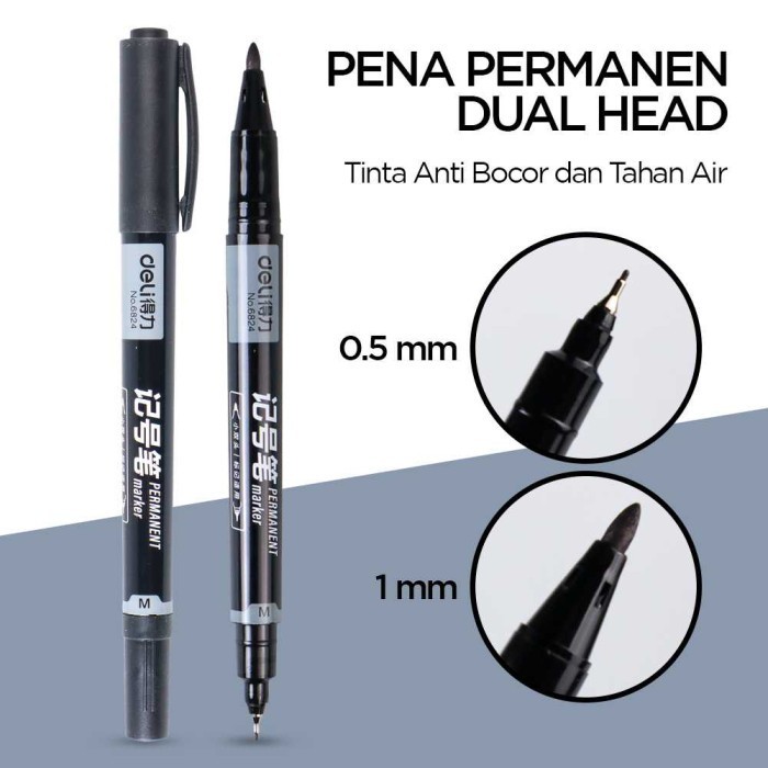 

Spidol Pena Permanen Dual Head Tip Marker Pens Waterproof 6824 - Hitam