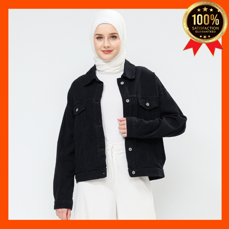 Jaket Jeans Wanita Hijab Oversize Wanita Hitam Pekat Ascella Myself