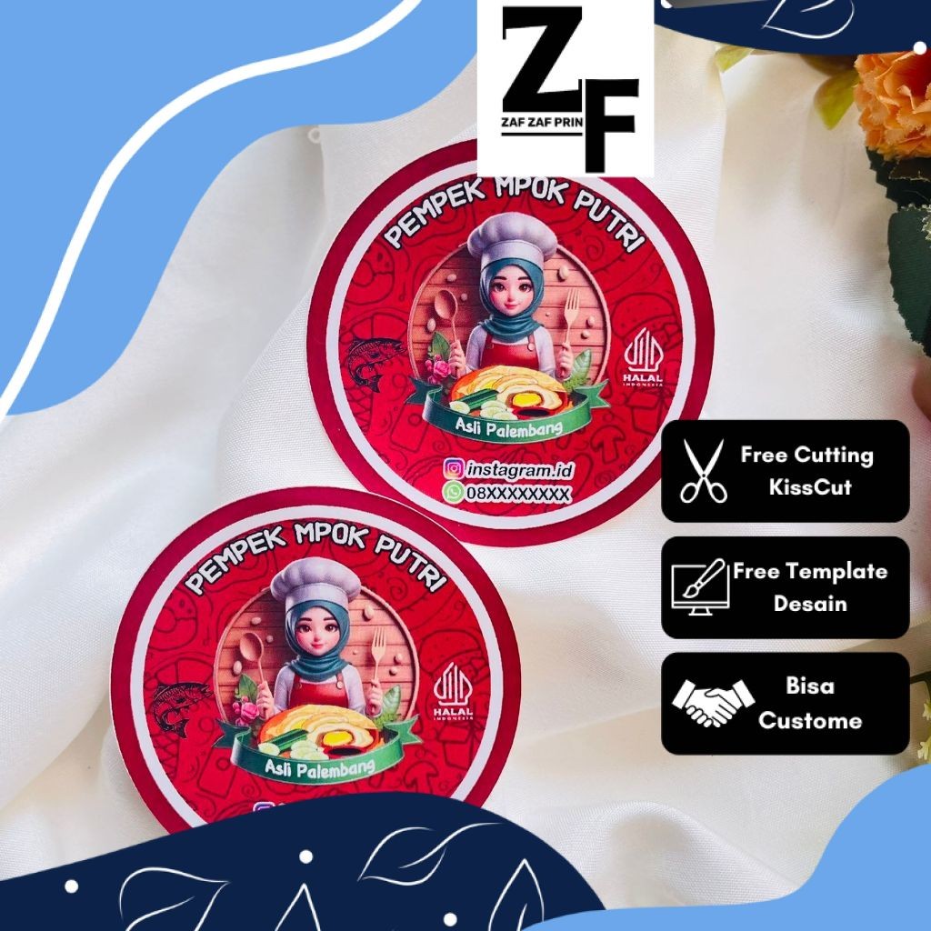 

ZAF Sticker Chromo Bulat Pempek Label Makanan Packaging Stiker Produk Khas Palembang Custom Nama 2-4