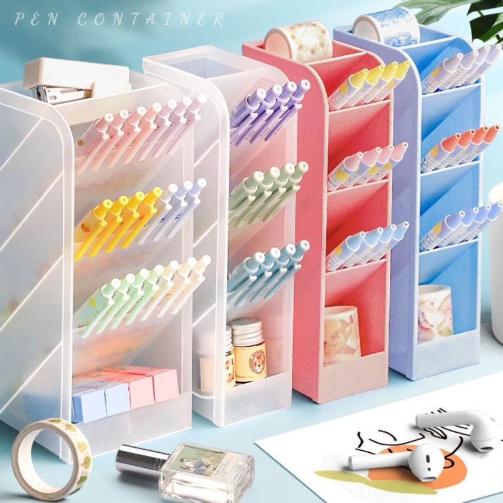 

Transparent Frosted Oblique Insertion Pen Holder Simpl Desktop Organizer Multifunctional Stationery Makeup Brush Storage Bucket