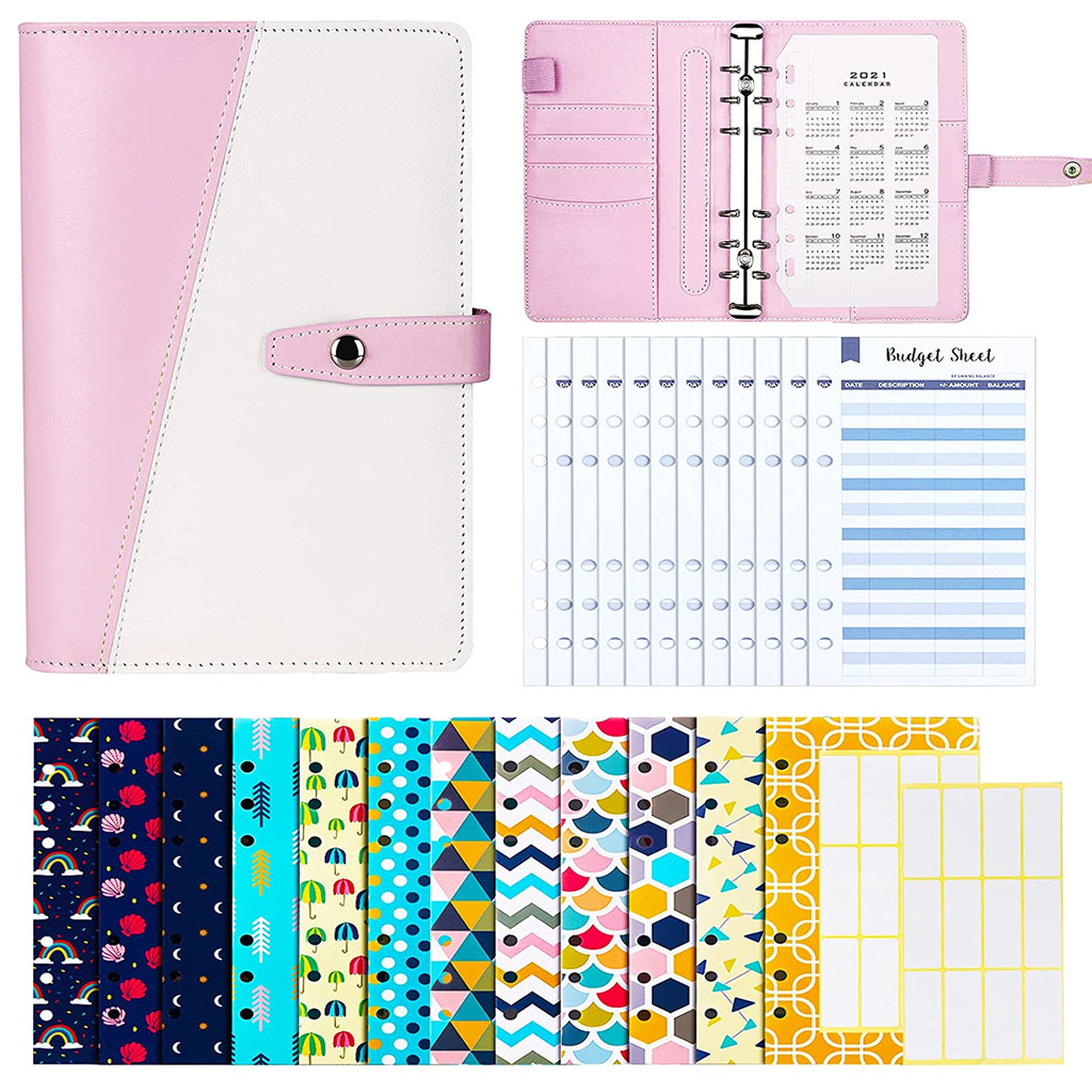 

28Pcs A6 PU Binder Budget Envelopes System Planner with Budget Cash Envelopes ,Budget Sheets,24Pcs Stickers and 2021 Calendar