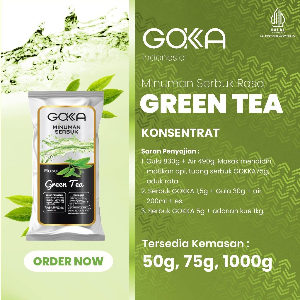 

Powder / Bubuk Minuman Kekinian Gokka Rasa Green Tea Kemasan 50gr