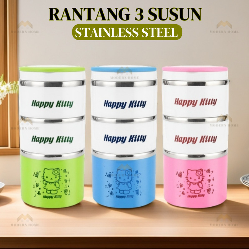 Rantang 3 Susun Hello Kitty 1400 ml Stainless Steel Lunch Box Three Storey Triple Layer Insulated Lu