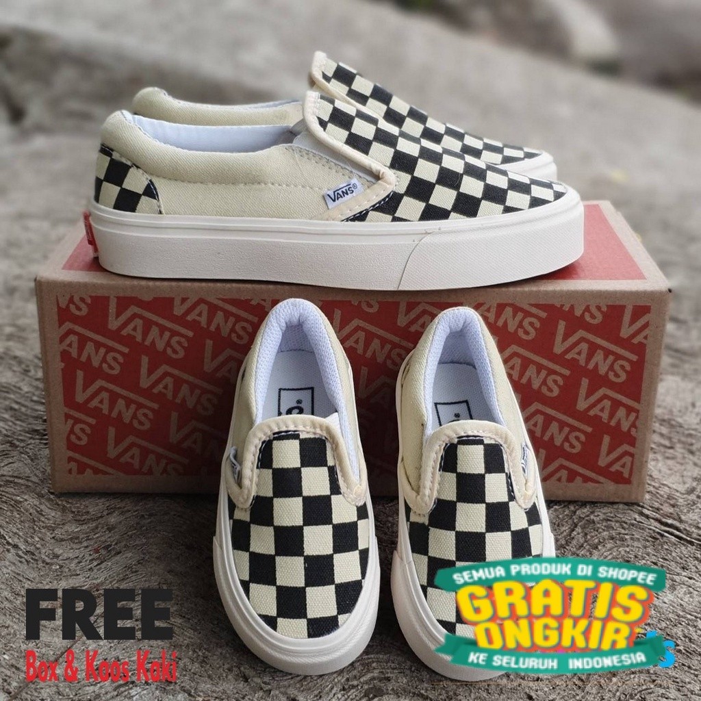 Sepatu Couple Slop Ayah Ibu dan Anak Model SLip On Catur Cream Size 16-35 dan 36-43/ biru navy dongk