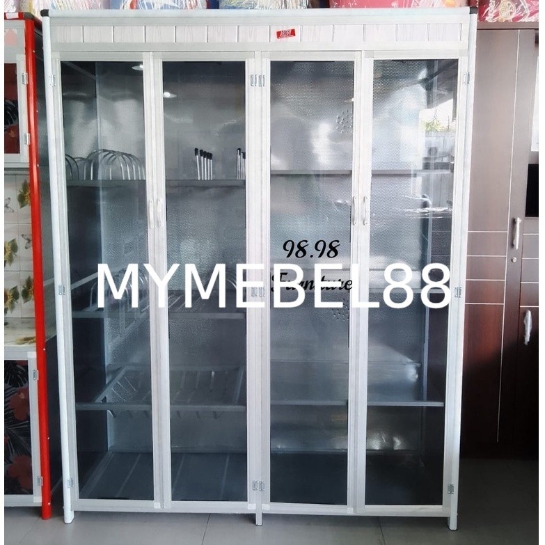 [MYMEBEL88] PROMO TERMURAH Rak Piring Aluminium 4 Pintu Kaca - Rak Piring Kaca 4 Pintu - Bahan Bagus
