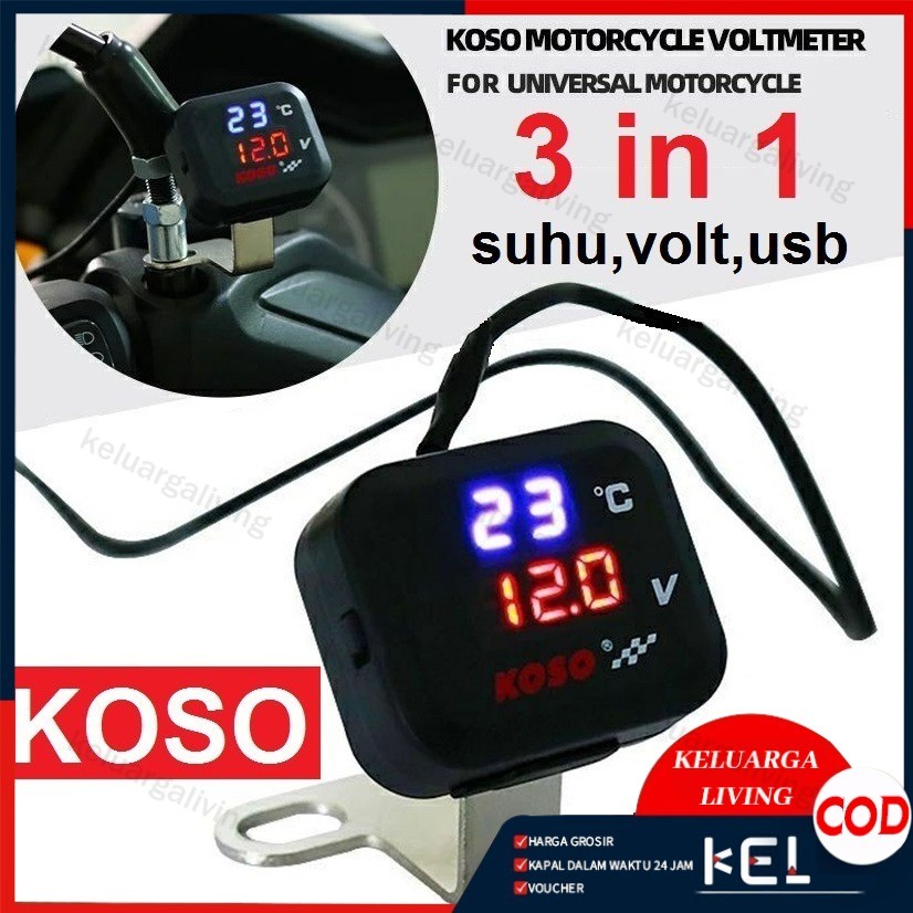 Koso Voltmeter 3in1 Pengukur Alat Ukur Tegangan Aki Suhu Digital Jam Dengan USB Charger 12V 24V Wate
