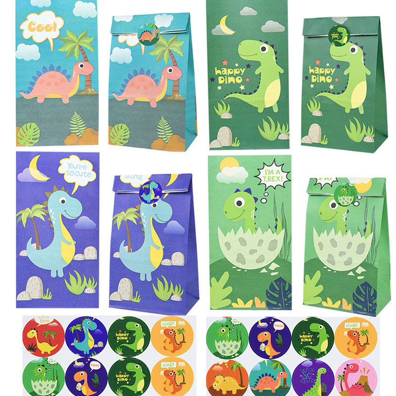 

12Pcs Cartoon Dinosaur Candy Bags With Stickers Cookies Gifts Packaging Paper Bags For Kids Dino Theme Birthday Party Decoration