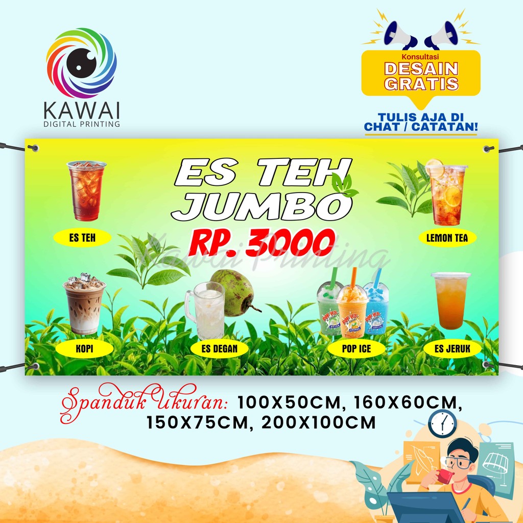 Spanduk Banner MMT Es Teh Jumbo 3000 Hijau Kuning Rekuest 200x100 Cm