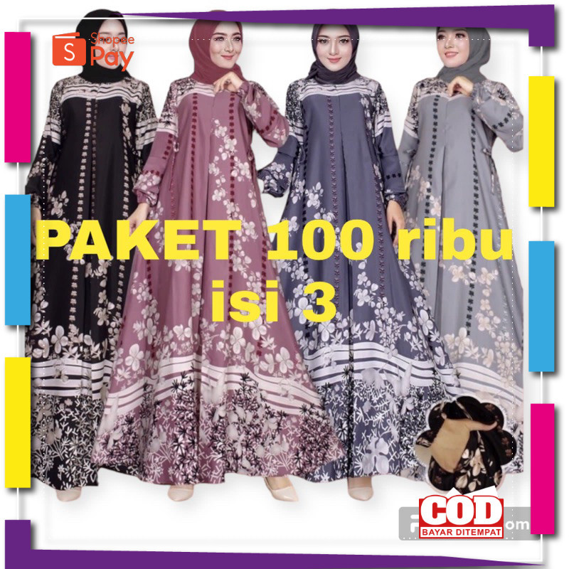 PREMIUM BERKUALITAS // PAKET 100 ribu isi 3 gamis selena premium lengan kerut