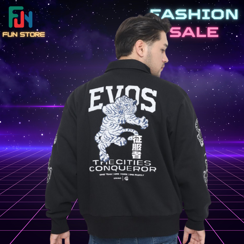 Varsity jacket EVOS GLORY BLACK "THE CITIES CONQUEROR" terbaru 2024 S13 RRQ ONIC ALTER EGO RRQ over 