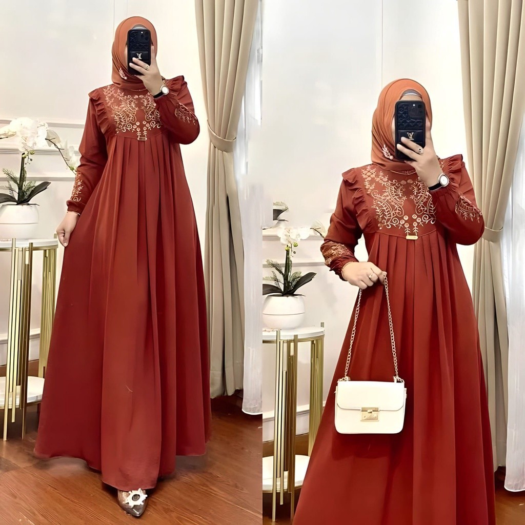 Vallina Outfit - Lunara Dress Gamis Bordier Crinkle Airflow Maxy Wanita Muslim Lebaran Kekinian Terb