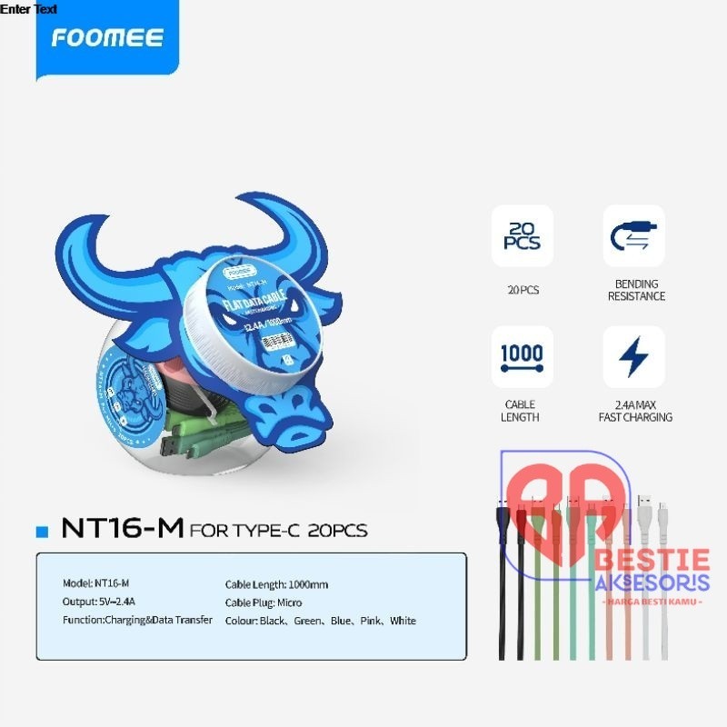 FOOMEE NT16 KABEL DATA MICRO/TYPE C/LIGHTNING (1 TOPLES ISI 20 PCS) 1M FAST CHARGER ORIGINAL FOOMEE