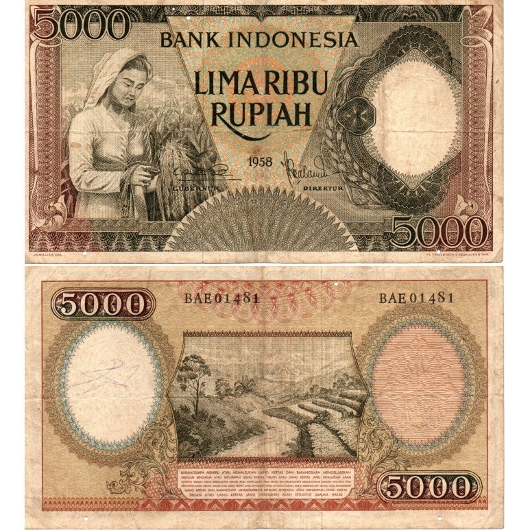 Uang Kertas 5000 Rupiah Seri Pekerja Tangan I (Tahun 1958) VF