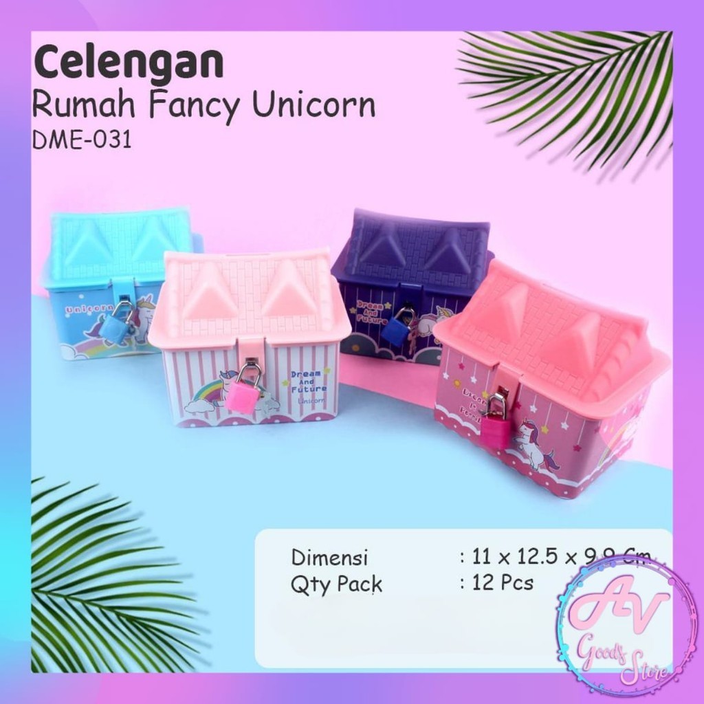 Celengan Kaleng Rumah Unicorn DME031 / Celengan Kunci Gembok Karakter / Souvenir Celengan Anak Fancy
